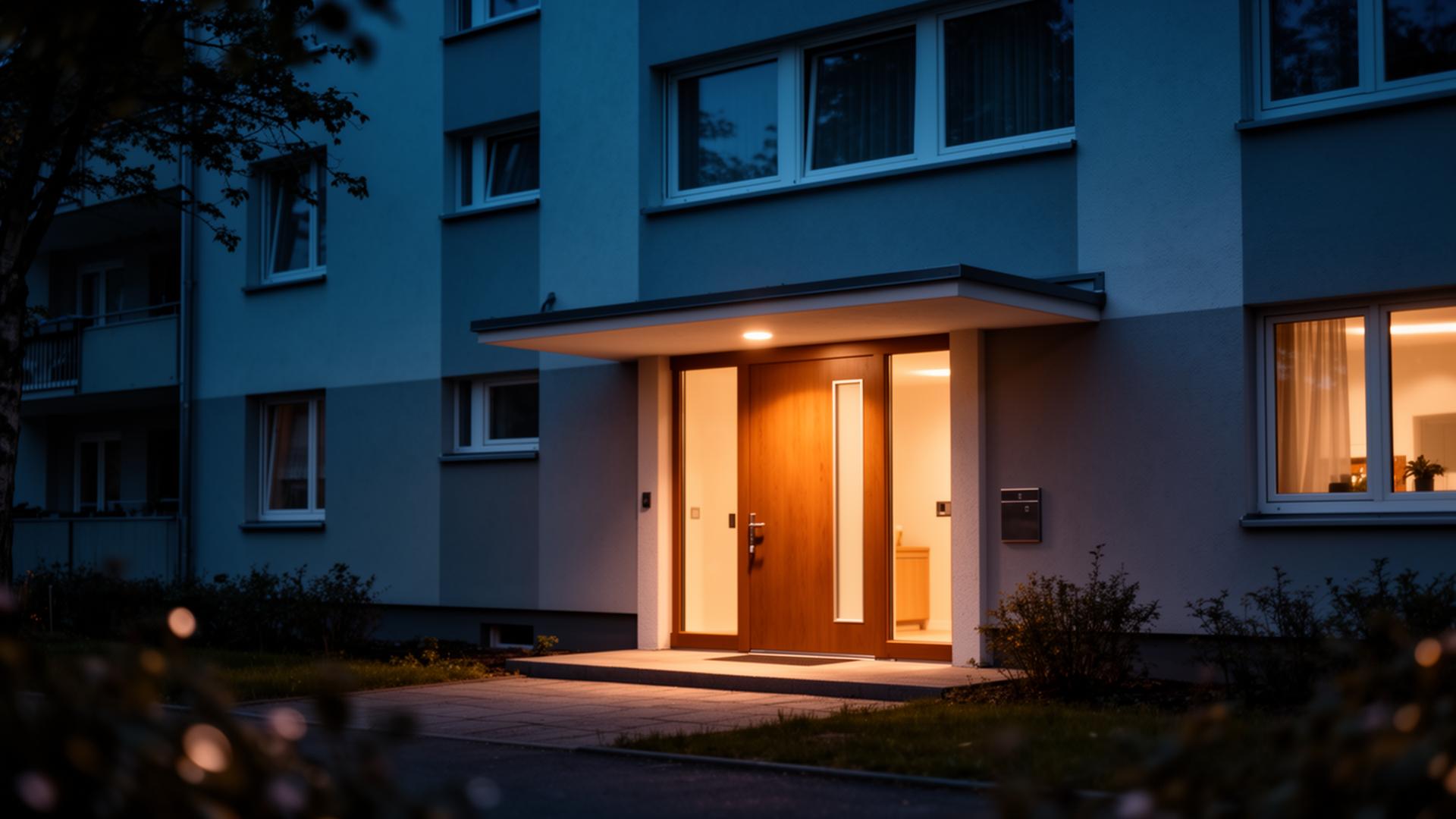 Wohnungseingangstür bei Dämmerung mit warmem Licht